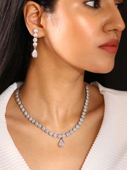 Priyaasi - Flower Ad Silver Plated Pendant Necklace with Fancy Floral Earrings Jewellery Set