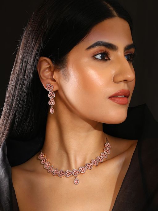 Priyaasi Ad Rose Gold Plating Floral Pattern Necklace Drop Flower Design Earrings Jewellery Set