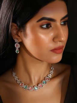 Priyaasi - Floral Dual Color Ad Fashion Necklace with Drop Style Earrings Jewellery Set