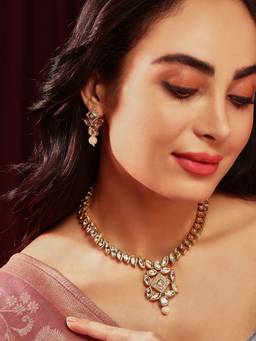 Priyaasi - Geometric Design Kundan Necklace Drop Earrings Gold Plated Jewellery Set