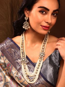 Priyaasi - Kundan Pearl Floral Look Lay white Haram with Kundan Earring Jewellery Set