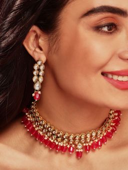 Priyaasi - Plain Red Beads Kundan Gold Plated Design with Kundan Earrings Jewellery Set