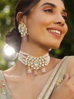 Priyaasi - Pearl Kundan Lavender Beads Necklace with Kundan Earrings Gold Plated Jewellery Set
