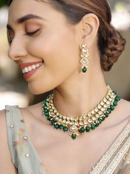 Priyaasi - Leaf Design Green Beads Kundan Necklace with Kundan Earrings Gold Plated Jewellery Set