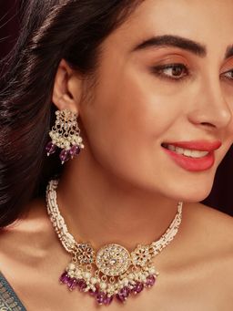 Priyaasi - Purple Beads Kundan Floral Design Chocker Necklace with Simple Stud Earrings Jewellery Set