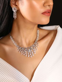 Priyaasi - Ad Statement Elegance Silver Plating Necklace with Geometry Drop Earrings Jewellery Set