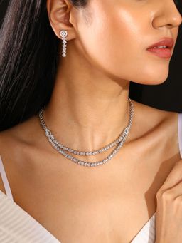 Priyaasi - Statement Two Lay White Silver Plating Fancy Necklace with Drop Earrings Jewellery Set