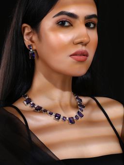 Priyaasi - Purple Geometrical Design Silver Plating Necklace with Elegant Drop Earrings Jewellery Set