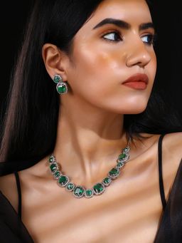 Priyaasi - Emerald Elegance Ad Geometric Silver Plating Necklace with Drop Earrings Jewellery Set