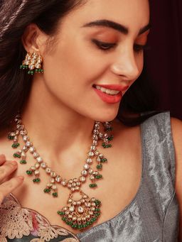 Priyaasi - Green Kundan Beads Gold Plated Necklace with Floral Design Earrings Jewellery Set