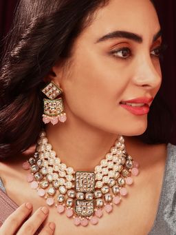 Priyaasi - Pink Pearl Beads Statement Kundan Choker Necklace with Gold Plated Earrings Jewellery Set