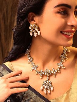Priyaasi - Opulent Pearl Kundan Elegance Floral Gold Plated Necklace with Earrings Jewellery Set