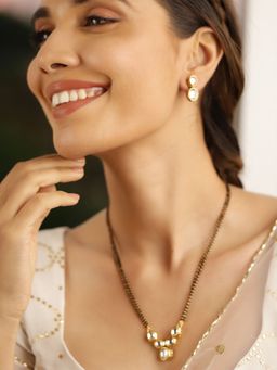 Priyaasi - Kundan Gold Plated Pendant with Mini Kundan Gold Plated Earrings Mangalsutra Set