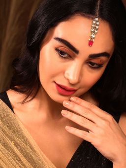 Priyaasi - Drop Design Pink Bead Gold Plated Kundan Maang Tikka