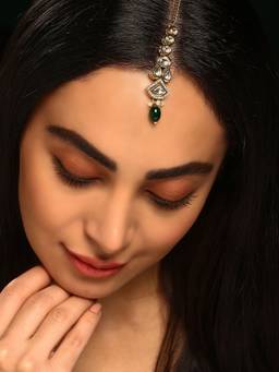 Priyaasi - Green Bead Geometric Design Gold Plated Maang Tikka