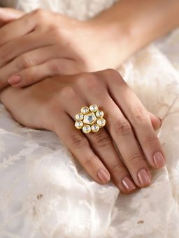 Priyaasi - Blooming Floral Elegance Kundan Design Gold Plated Adjustable Ring