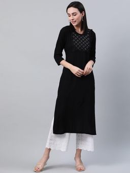 Libas - Women Viscose Rayon Black Embroidered Kurta