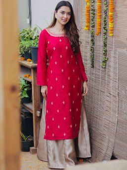 Libas - Women Silk Magenta Embroidered Kurta