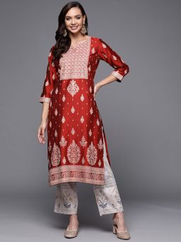 Libas - Women Silk Maroon Floral Printed Kurta