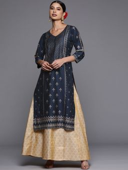 Libas - Women Silk Navy Blue Printed Kurta