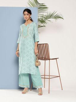 Libas - Women Silk Blue Floral Printed Kurta