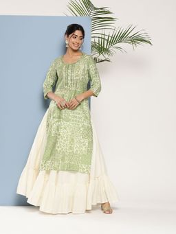 Libas - Women Silk Green Floral Printed Kurta