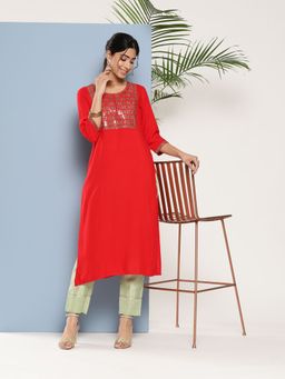 Libas - Women Viscose Rayon Red Embroidered Kurta