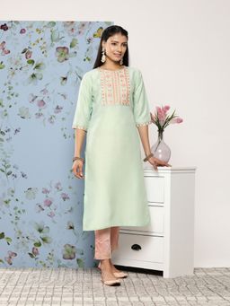 Libas - Women Silk Green Embroidered Kurta