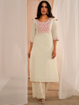 Libas - Women Cotton Off White Embroidered Kurta