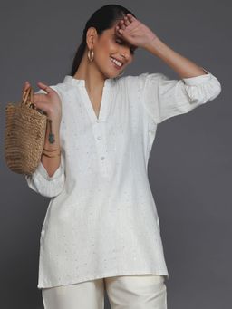 Libas - Women Cotton Blend Off White Embroidered Kurti