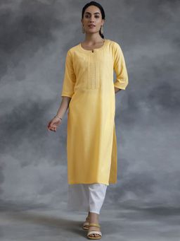 Libas - Women Cotton Yellow Embroidered Kurta