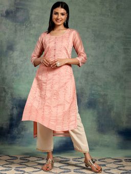 Libas - Women Chanderi Silk Peach Embroidered Kurta