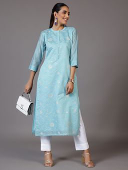 Libas - Women Chanderi Silk Blue Embroidered Kurta