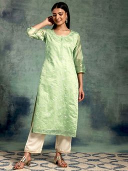 Libas - Women Chanderi Silk Green Embroidered Kurta