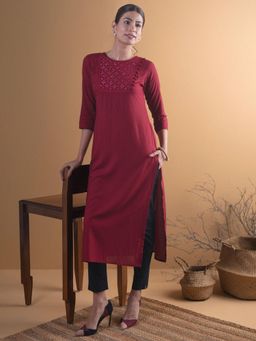 Libas - Women Viscose Rayon Maroon Embroidered Kurta