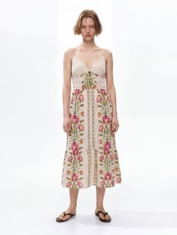 FELRIO - Beige Coastal Bloom Linen Floral Cream Midi Dress