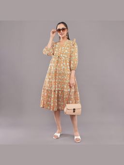 FELRIO - Mustard Meadow Bloom Tiered Midi Dress