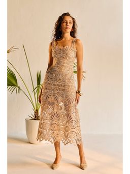 Lea Clothing - Women Celia Tan Embroidered Lace Beige Midi Skirt
