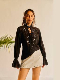 Lea Clothing - Women Bianca Studded Denim Mini Off White Skirt