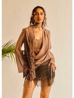 Lea Clothing - Women Iridescent Embroidered Fringe Brown Mini Skirt