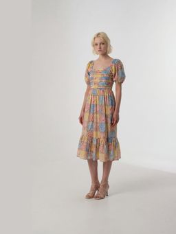 FELRIO - Multi-Color Multicolor Floral Puff-Sleeve Midi Dress