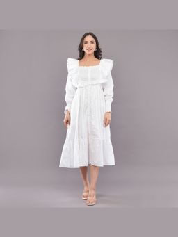FELRIO - White Ruffle Rayon Cotton Midi Dress