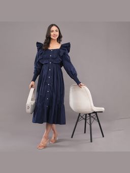 FELRIO - Navy Blue Ruffle Rayon Cotton Midi Dress