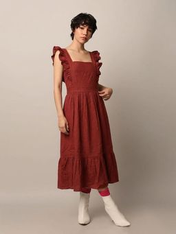 FELRIO - Red Ruffle Strap Midi Dress