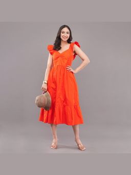 FELRIO - Orange Sunset Bloom Ruffle Sleeve Midi Dress