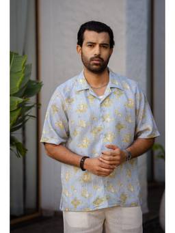 Zebein - Men Blue Shawl Collar Linen Shirt