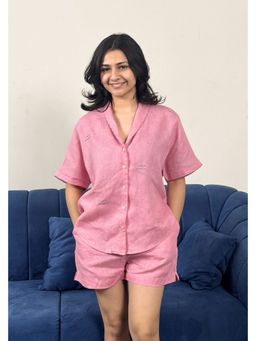 Zebein - Women Pink Shawl Collar Linen Shirt