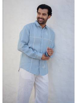 Zebein - Men Blue Classic Collar Linen Shirt