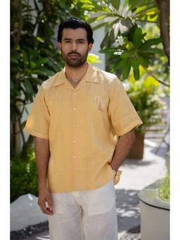 Zebein - Men Yellow Shawl Collar Linen Shirt