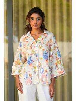 Zebein - Women Off White Printed Linen Back loop Shirt